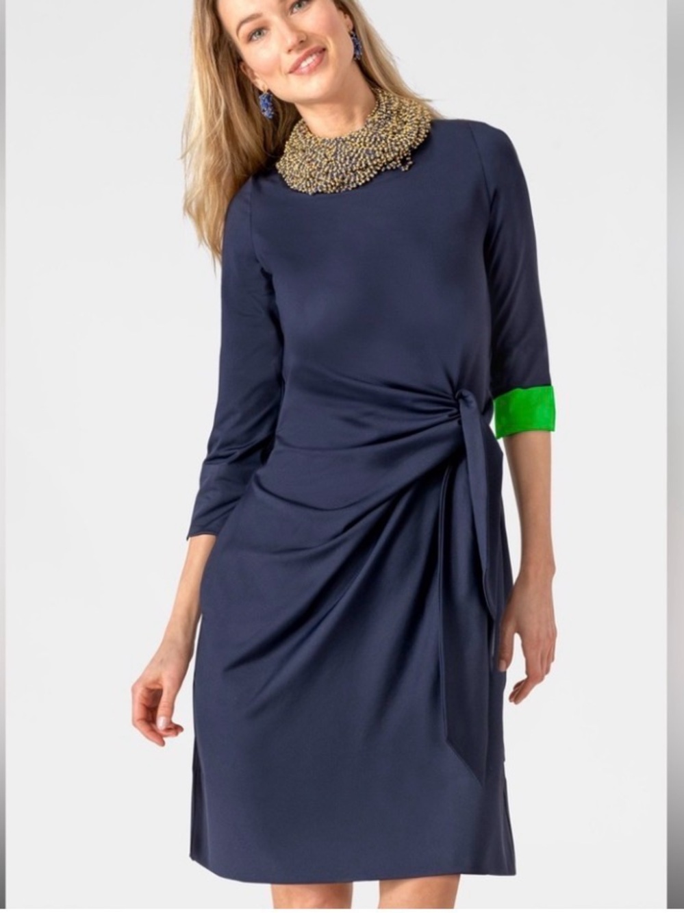 Gretchen Scott Cinch and Tie Navy and Green Dress Sz S Green Cuff